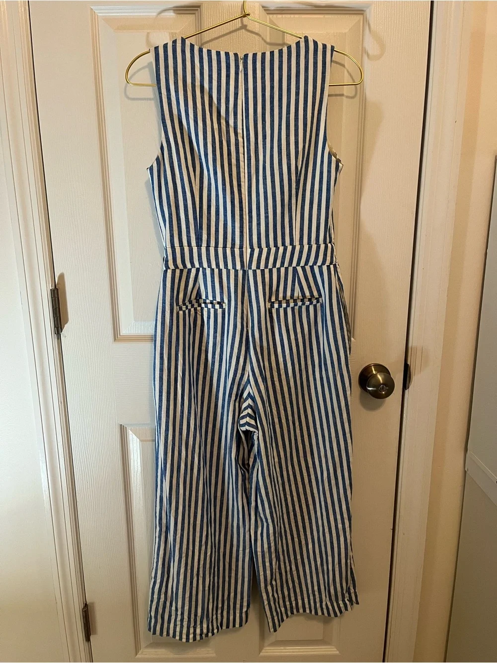 Boden Blue White Stripe Linen Blend Culotte Jumpsuit Petite 4 Coastal Chic - Picture 6 of 8